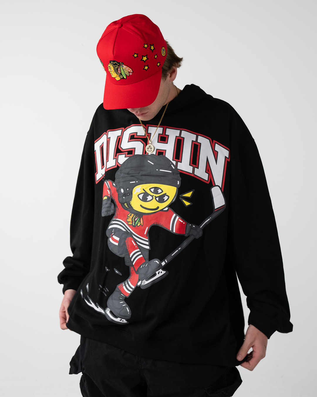 black DISHIN x Chicago Blackhawks hoodie - on male model