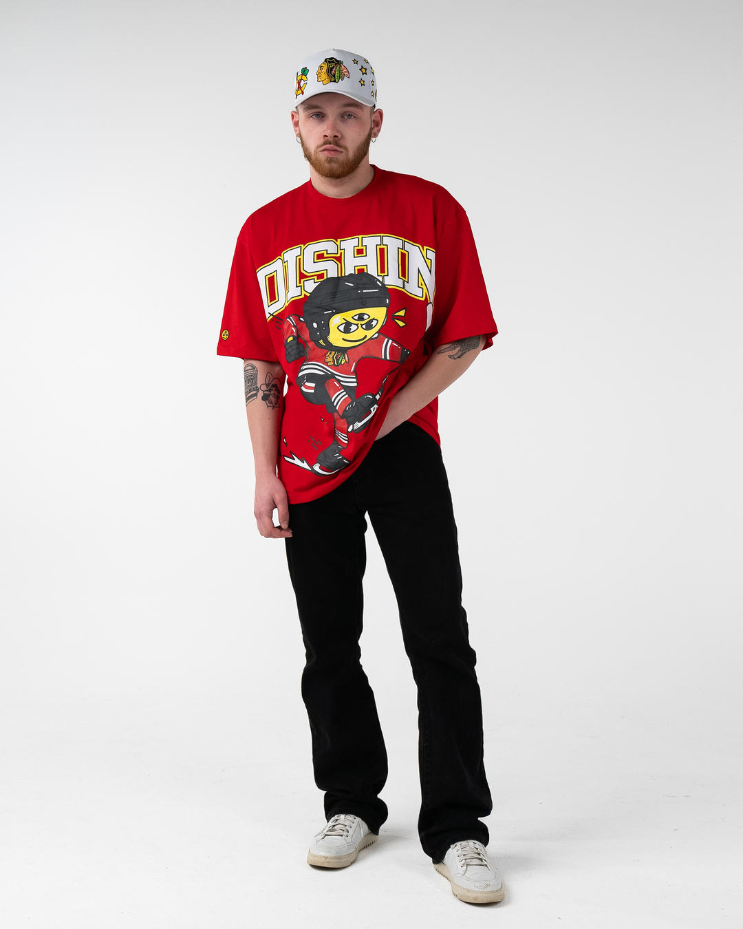 red DISHIN x Blackhawks tee - on male model