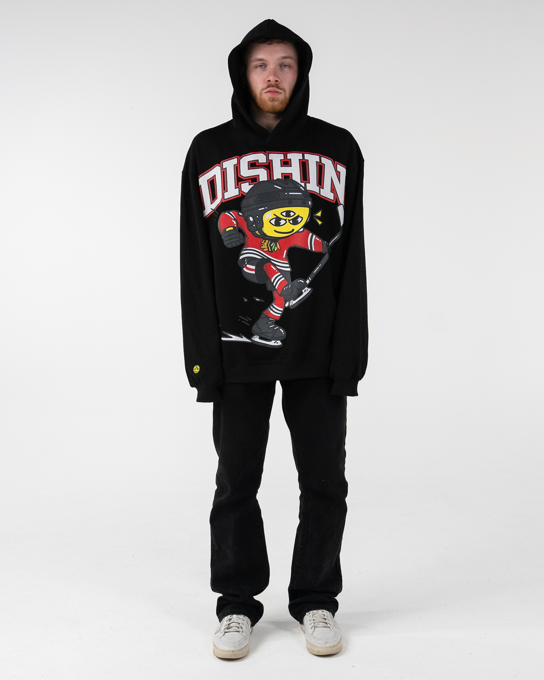 black DISHIN x Chicago Blackhawks hoodie - on male model