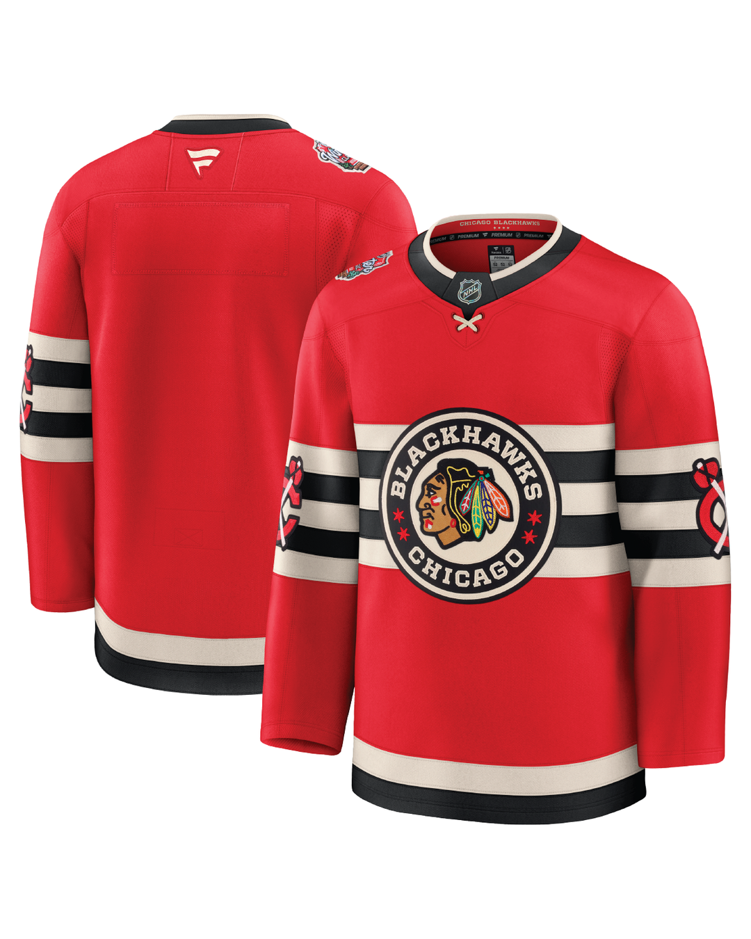 red Fanatics Premium hockey jersey with Chicago Blackhawks Winter Classic logo - front and back ghost images