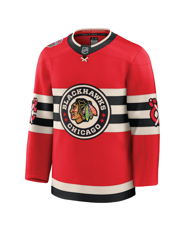 red Fanatics Premium hockey jersey with Chicago Blackhawks Winter Classic logo - front ghost image 