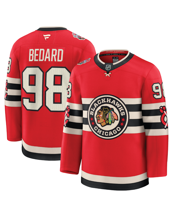 red Fanatics Premium Connor Bedard hockey jersey with Chicago Blackhawks Winter Classic logo - front and back ghost images