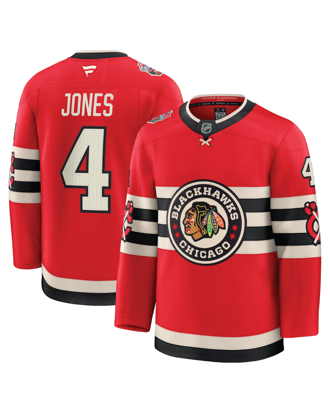 red Fanatics Premium Seth Jones hockey jersey with Chicago Blackhawks Winter Classic logo - front and back ghost images