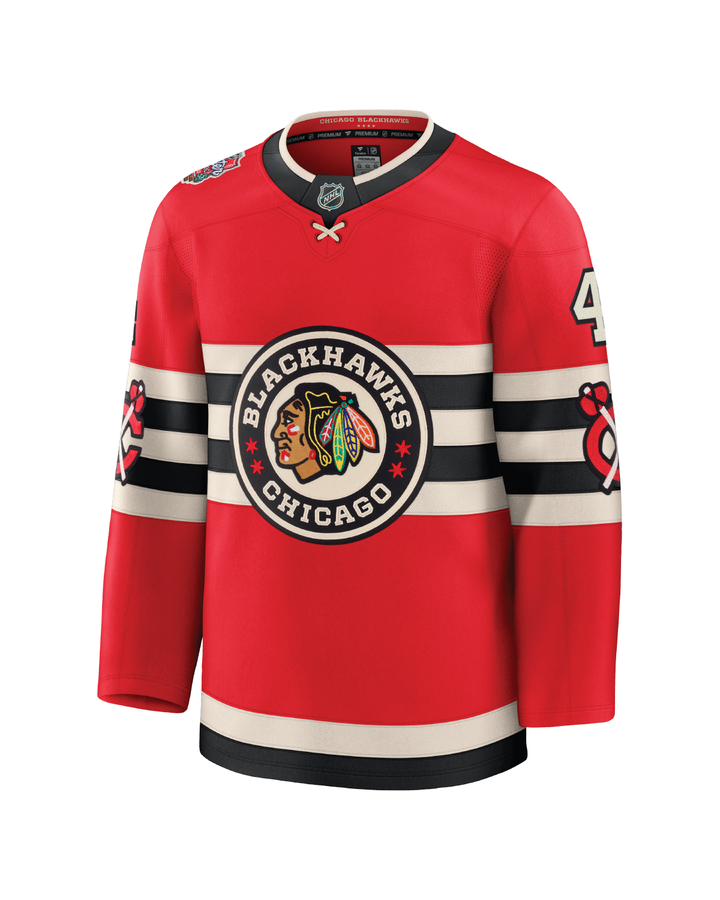 red Fanatics Premium Seth Jones hockey jersey with Chicago Blackhawks Winter Classic logo - front ghost image 