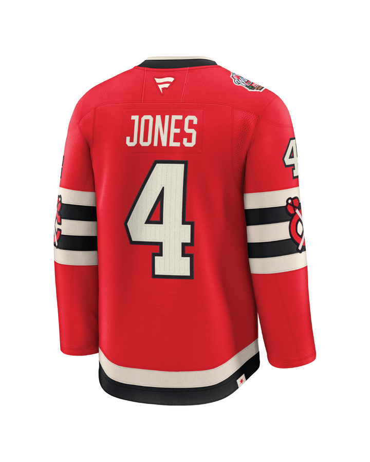 red Fanatics Premium Seth Jones hockey jersey with Chicago Blackhawks Winter Classic logo - back ghost image 