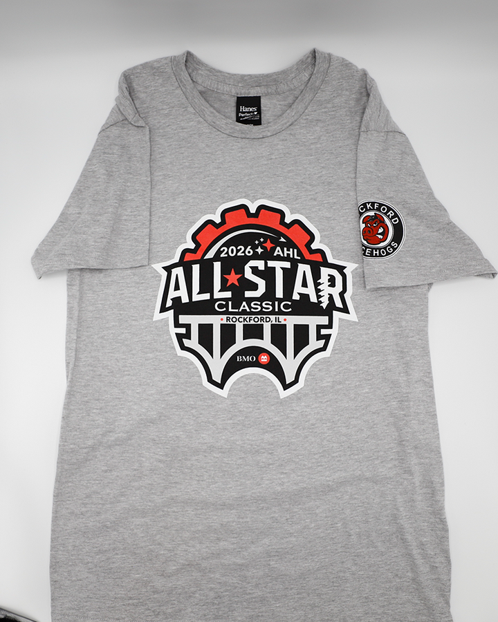 grey youth short sleeve tee with Rockford IceHogs primary logo on left sleeve and 2026 AHL All Star graphic across the front - front lay flat