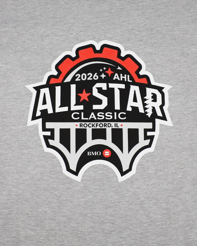 grey youth short sleeve tee with Rockford IceHogs primary logo on left sleeve and 2026 AHL All Star graphic across the front - front detail lay flat