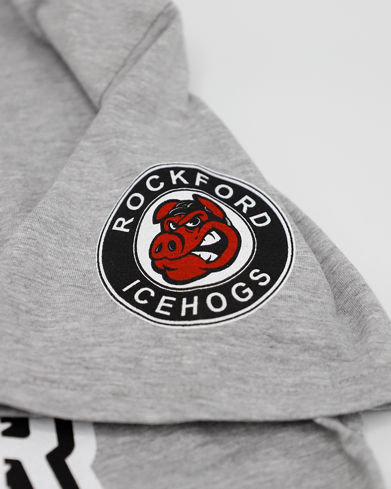 grey youth short sleeve tee with Rockford IceHogs primary logo on left sleeve and 2026 AHL All Star graphic across the front - shoulder detail lay flat