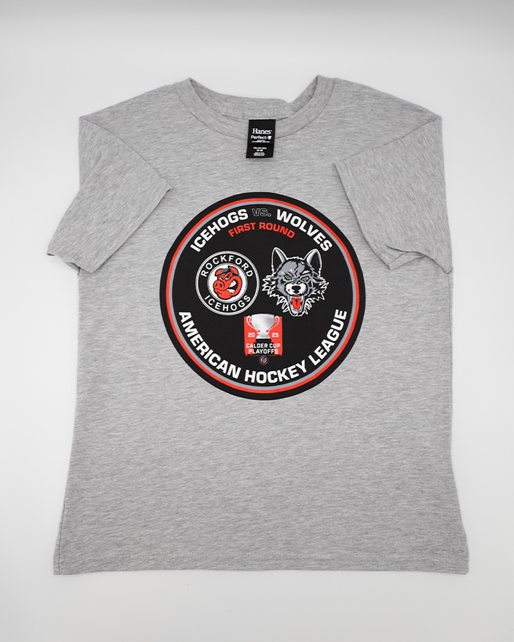 grey youth short sleeve tee with AHL Calder Cup Playoff graphic of Rockford IceHogs vs Chicago Wolves on front - front lay flat