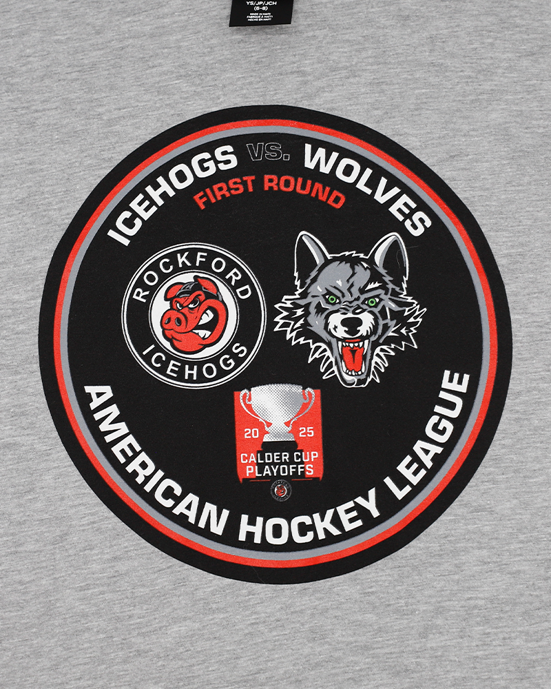 grey youth short sleeve tee with AHL Calder Cup Playoff graphic of Rockford IceHogs vs Chicago Wolves on front - front detail lay flat