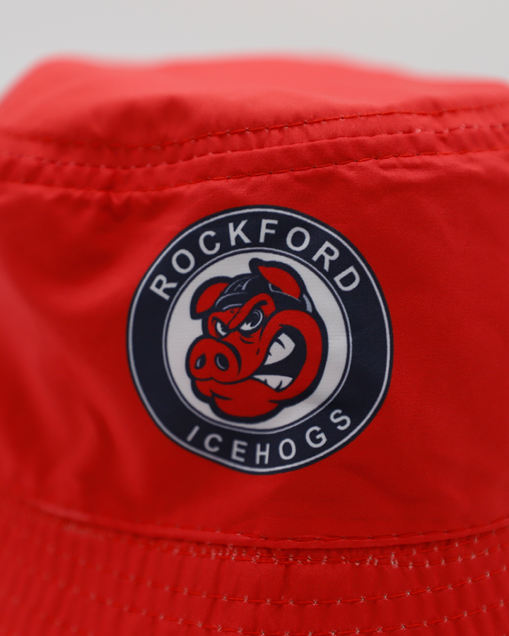 red bucket hat with Rockford IceHogs primary logo on front - front detail lay flat