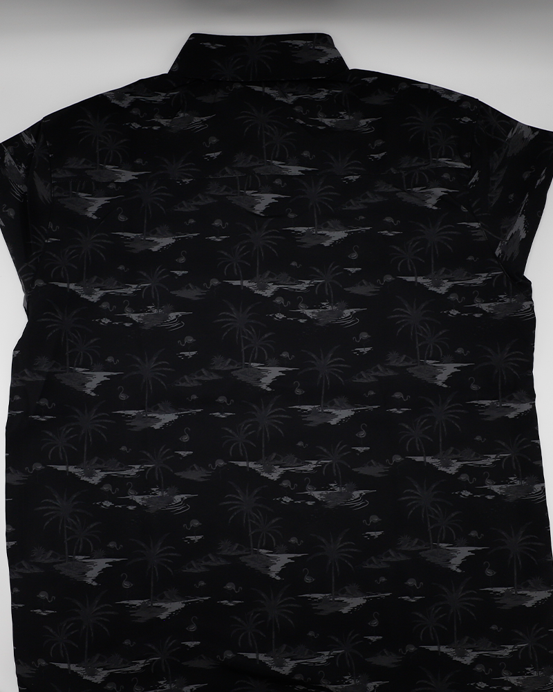 black tropical print button down shirt with Rockford IceHogs primary logo on left chest pocket - back lay flat