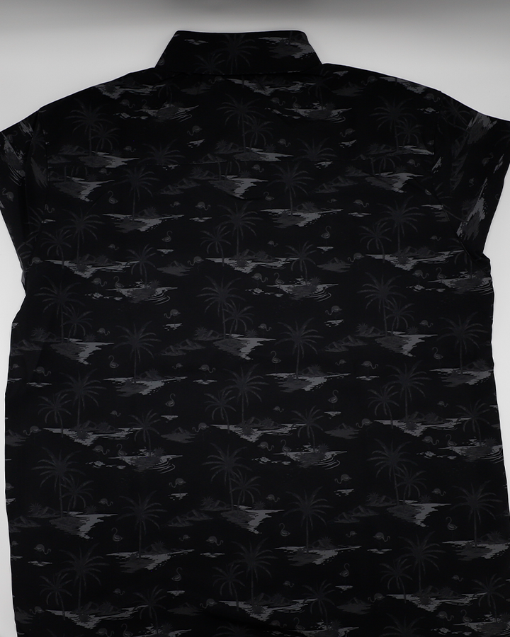 black tropical print button down shirt with Rockford IceHogs primary logo on left chest pocket - back lay flat