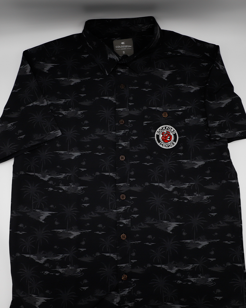 black tropical print button down shirt with Rockford IceHogs primary logo on left chest pocket - front lay flat
