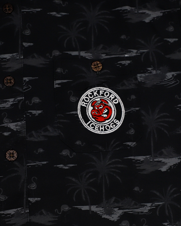 black tropical print button down shirt with Rockford IceHogs primary logo on left chest pocket - front detail lay flat