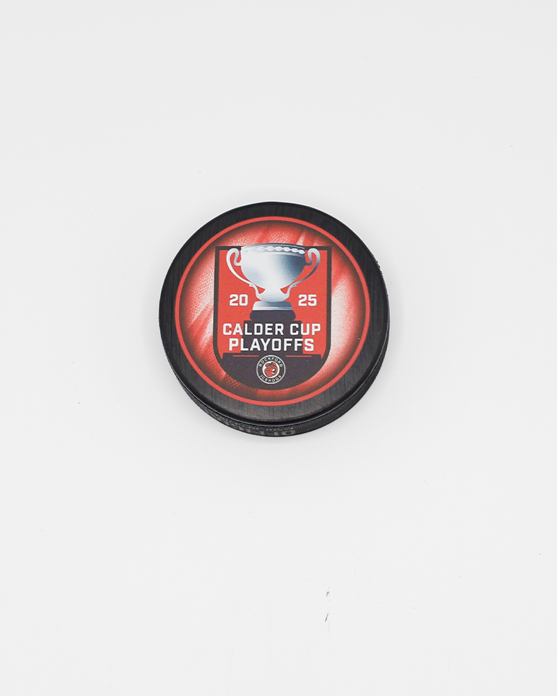 black hockey puck with Rockford IceHogs logo with 2025 Calder Cup Playoffs graphic on front - front lay flat
