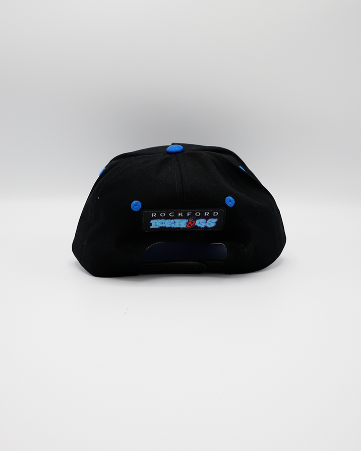 black adjustable hat part of local artist series with Rockford IceHogs inspired design created by Chris Geebus - back lay flat