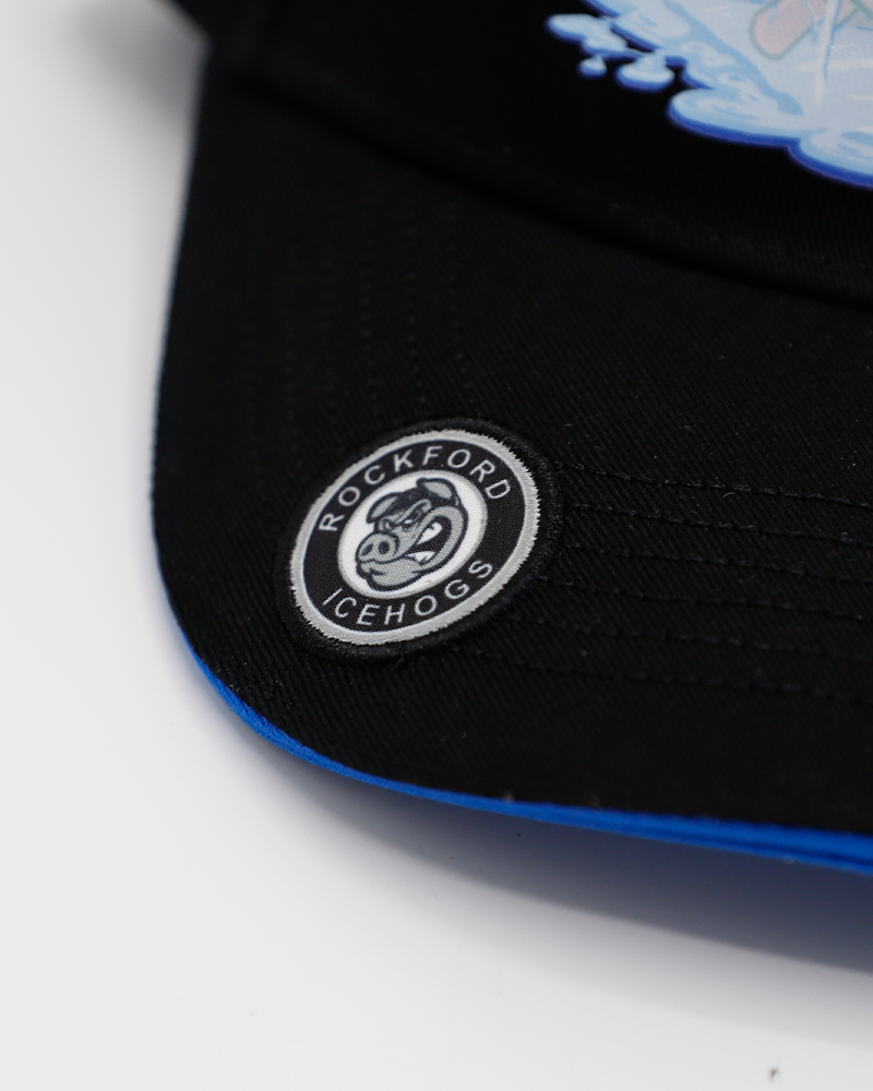 black adjustable hat part of local artist series with Rockford IceHogs inspired design created by Chris Geebus - brim detail lay flat