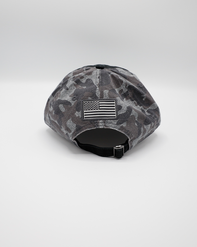 black and grey Colosseum camo adjustable trucker cap with Rockford IceHogs patch on front - back lay flat