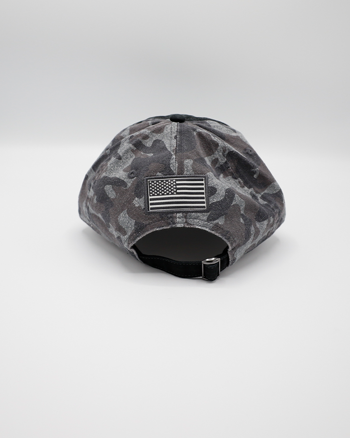 black and grey Colosseum camo adjustable trucker cap with Rockford IceHogs patch on front - back lay flat