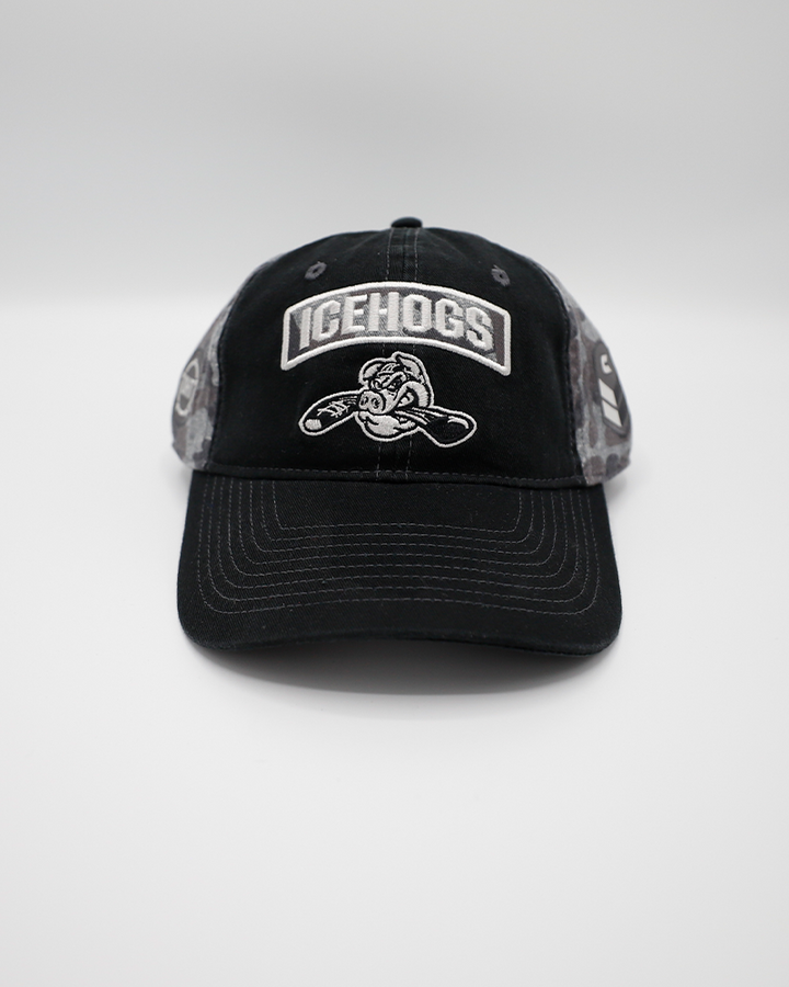 black and grey Colosseum camo adjustable trucker cap with Rockford IceHogs patch on front - front lay flat