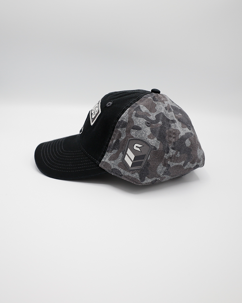 black and grey Colosseum camo adjustable trucker cap with Rockford IceHogs patch on front - left side lay flat