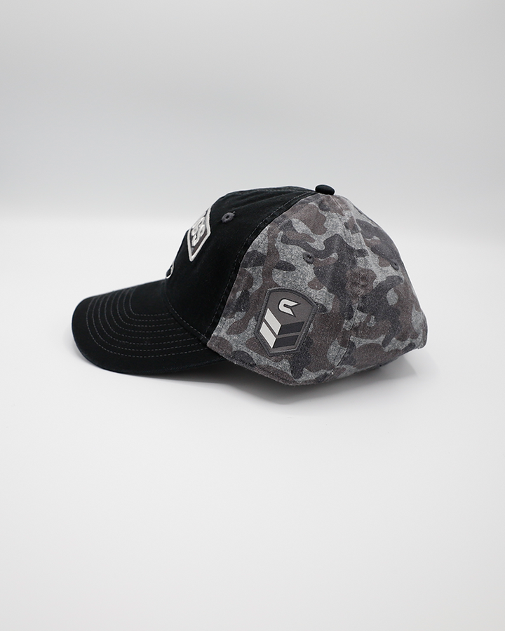 black and grey Colosseum camo adjustable trucker cap with Rockford IceHogs patch on front - left side lay flat