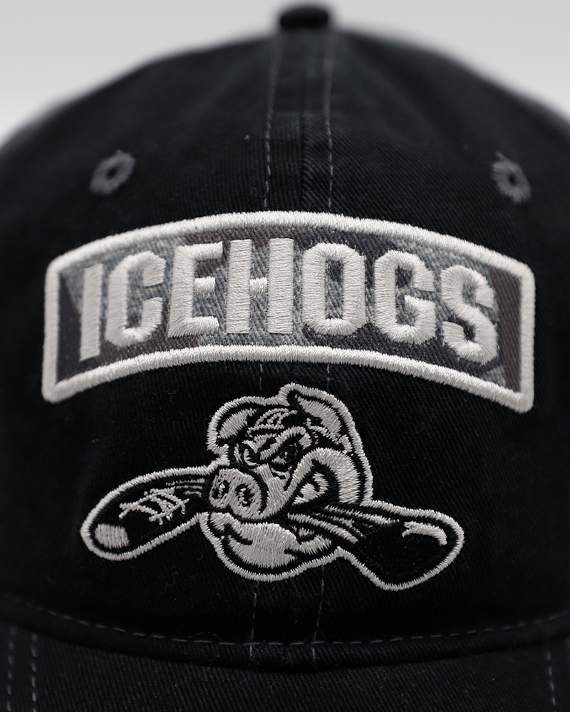 black and grey Colosseum camo adjustable trucker cap with Rockford IceHogs patch on front - front detail lay flat