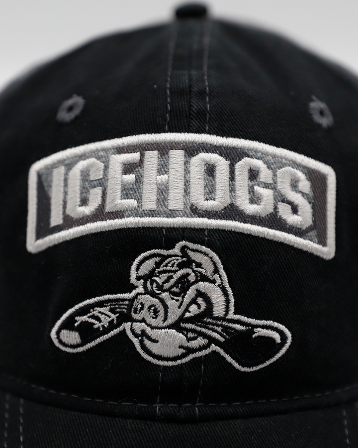 black and grey Colosseum camo adjustable trucker cap with Rockford IceHogs patch on front - front detail lay flat