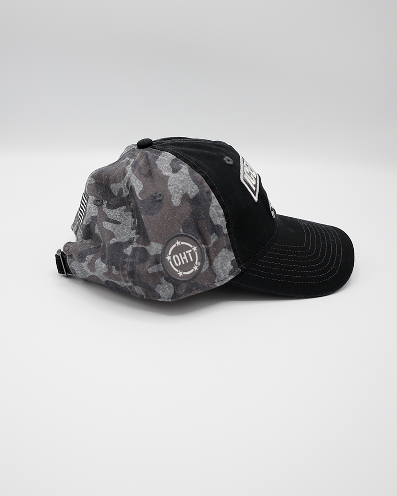 black and grey Colosseum camo adjustable trucker cap with Rockford IceHogs patch on front - right side lay flat