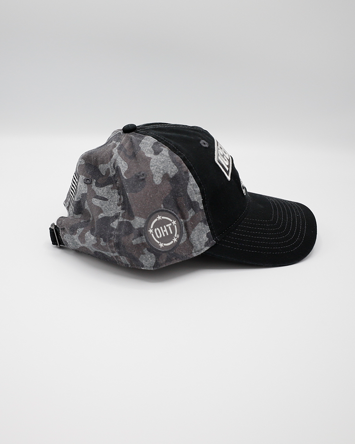 black and grey Colosseum camo adjustable trucker cap with Rockford IceHogs patch on front - right side lay flat