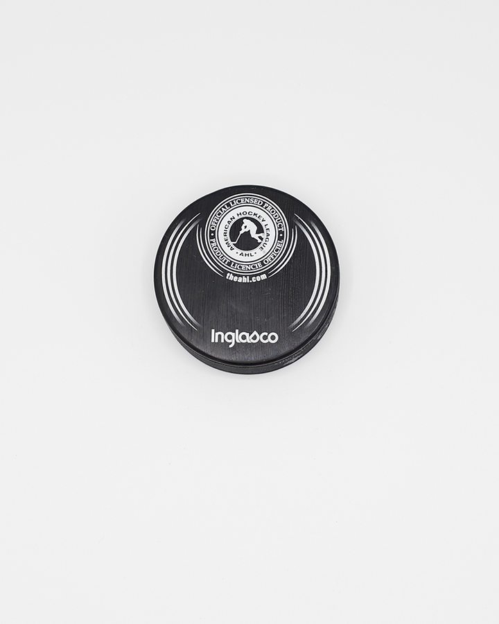 black hockey puck with Happy Birthday Hammy wordmark and photo of Rockford IceHogs mascot Hammy on front - back lay flat