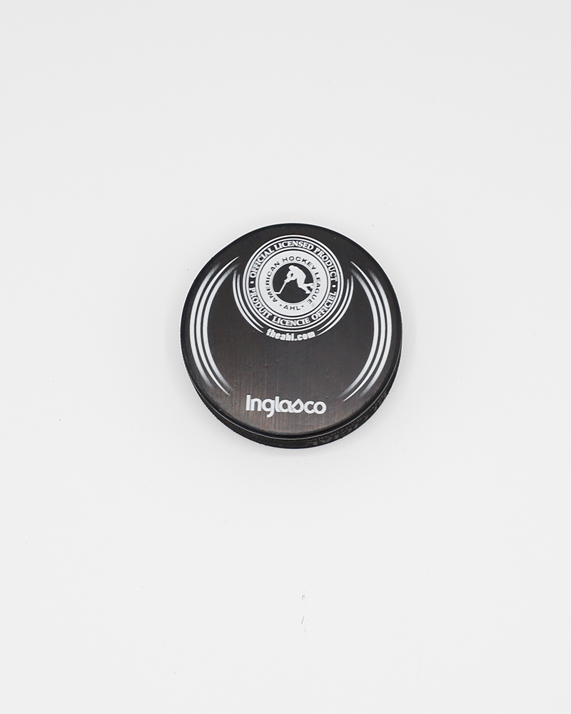 black hockey puck with Rockford IceHogs primary logo on repeating Hammy pattern - back lay flat