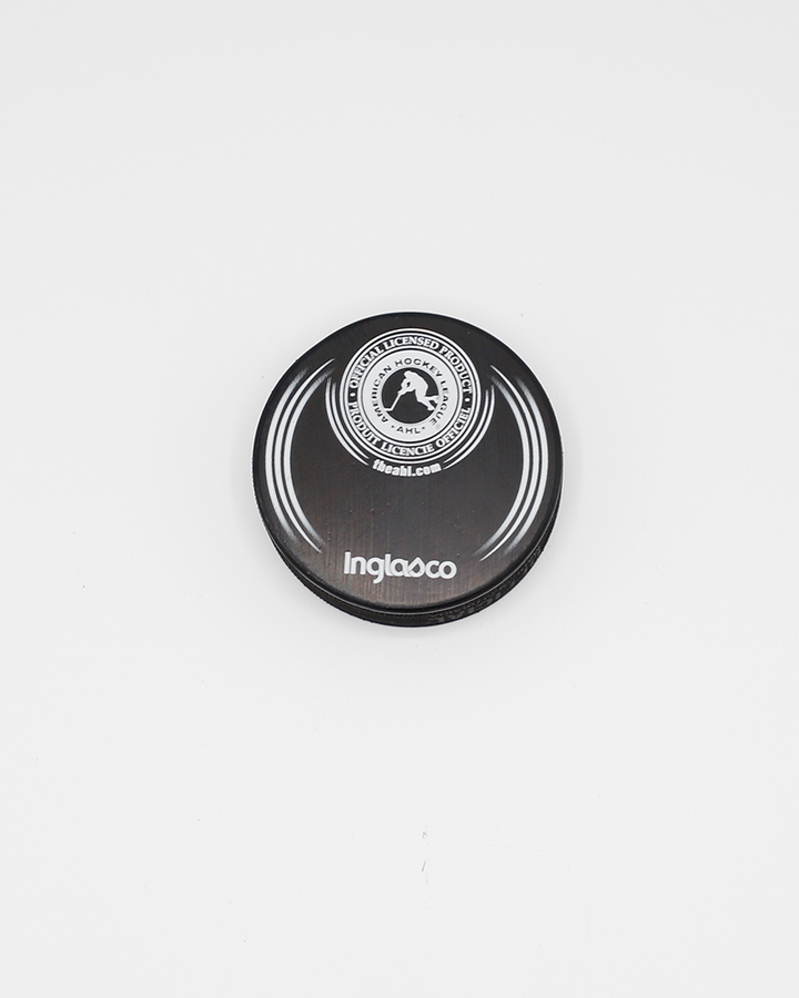 black hockey puck with Rockford IceHogs primary logo on repeating Hammy pattern - back lay flat