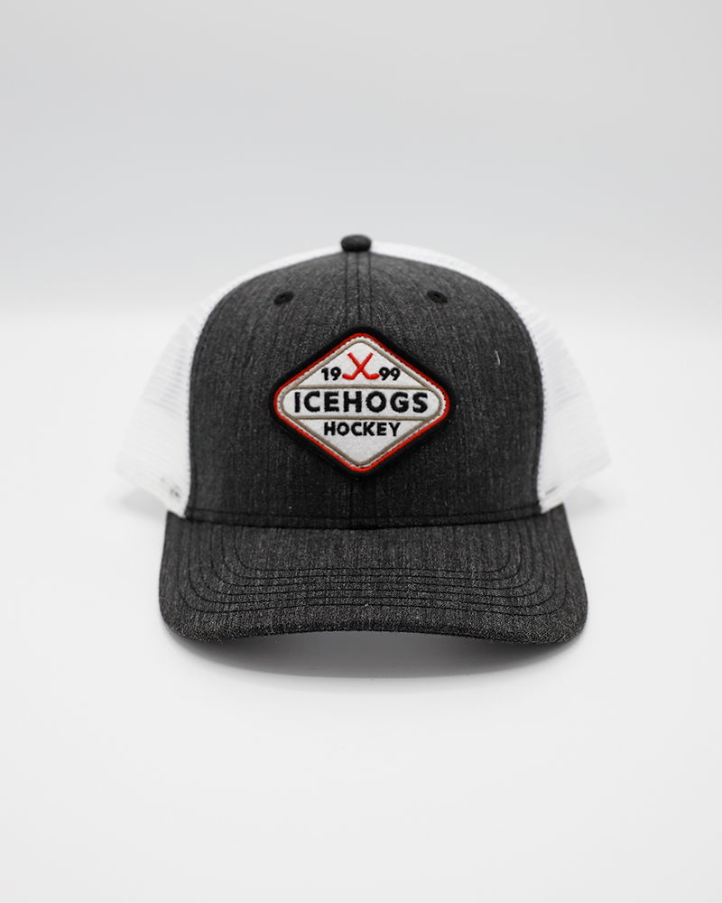 black and white Legacy trucker hat with 1999 IceHogs Hockey patch on front - front lay flat