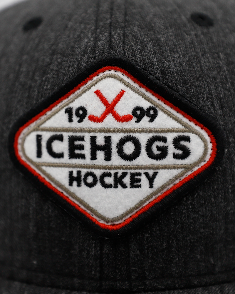 black and white Legacy trucker hat with 1999 IceHogs Hockey patch on front - front detail lay flat