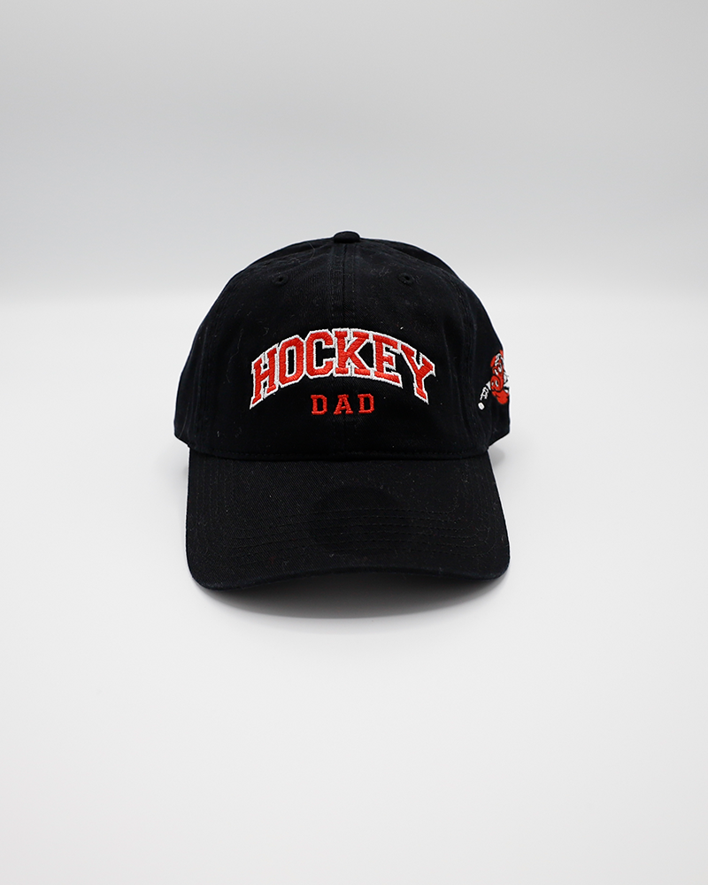 black Legacy adjustable hat with embroidered Hockey Dad wordmark on front and Hammy Rockford IceHogs logo on left side - front lay flat