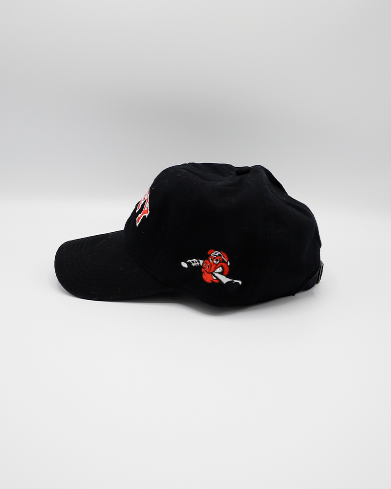 black Legacy adjustable hat with embroidered Hockey Dad wordmark on front and Hammy Rockford IceHogs logo on left side - left side lay flat