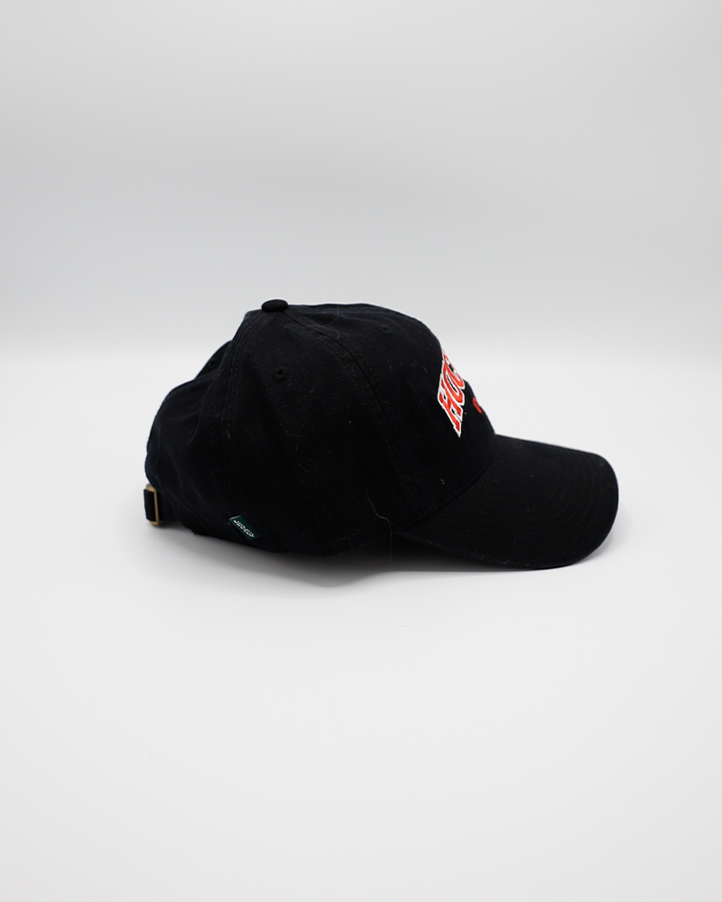 black Legacy adjustable hat with embroidered Hockey Dad wordmark on front and Hammy Rockford IceHogs logo on left side - right side lay flat