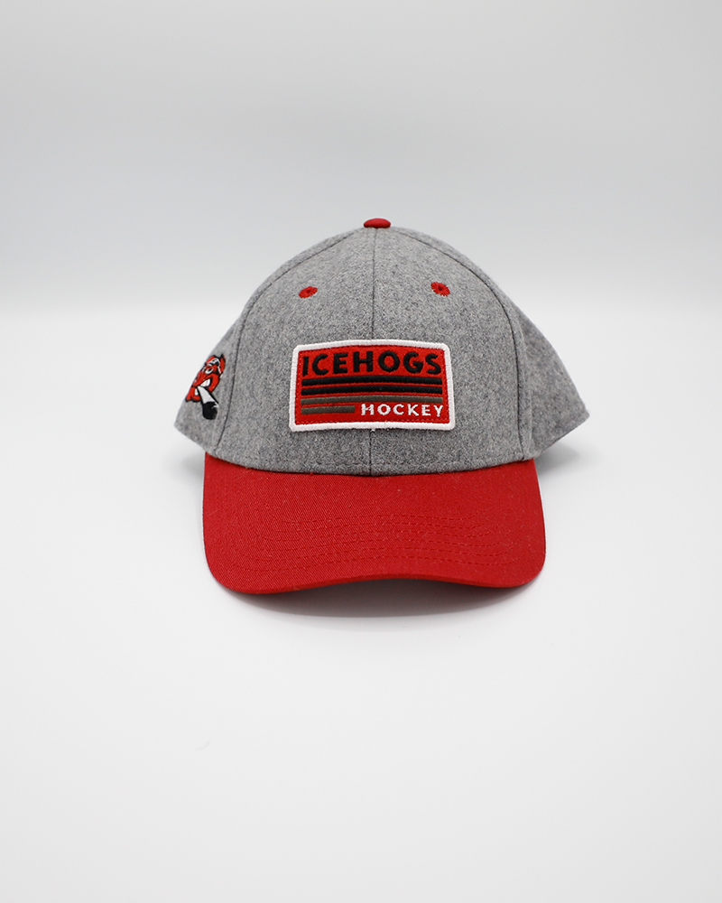 Legacy red and grey adjustable hat with IceHogs Hockey patch on front and Hammy Rockford IceHogs logo on right side - front lay flat
