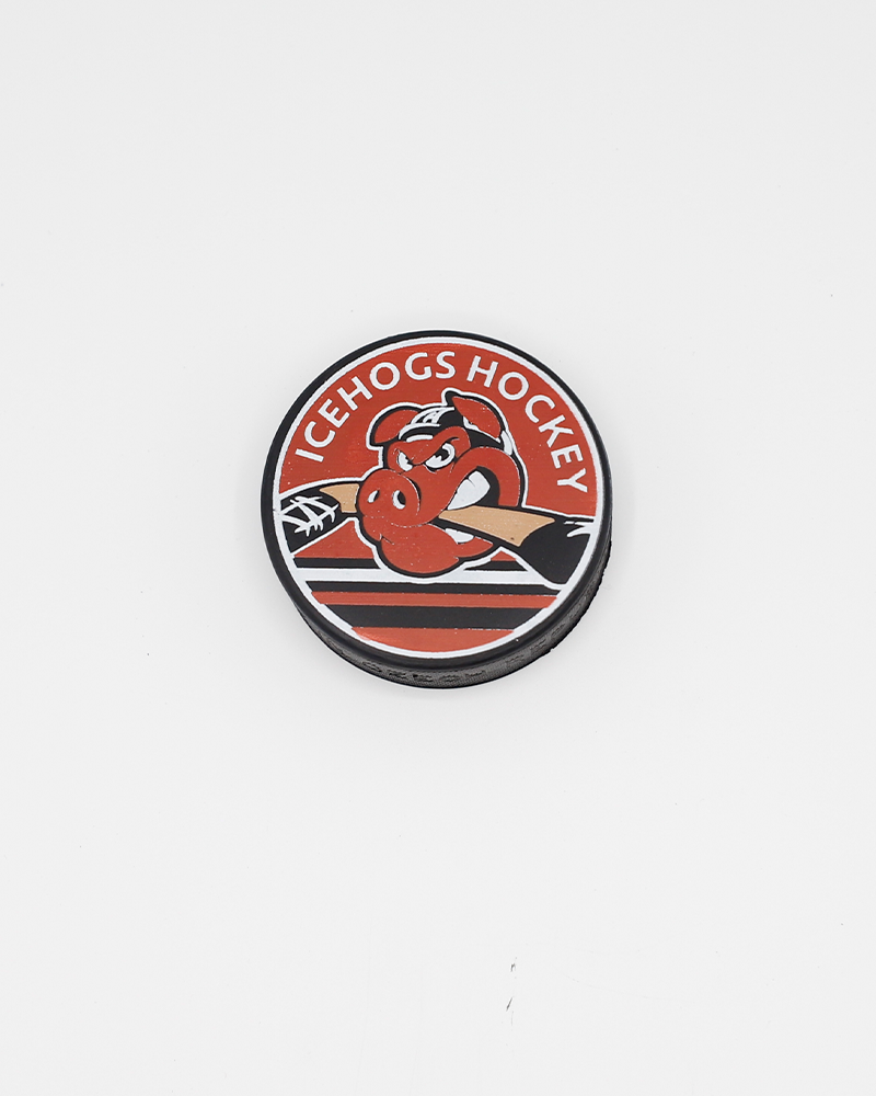 hockey puck with IceHogs Hockey wordmark and Hammy graphic on front - front lay flat