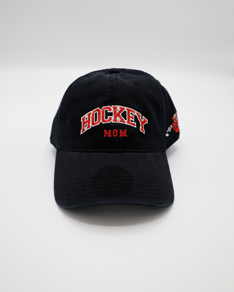 black Legacy adjustable hat with embroidered red Hockey Mom wordmark on front and Rockford IceHogs Hammy logo on left side - front lay flat