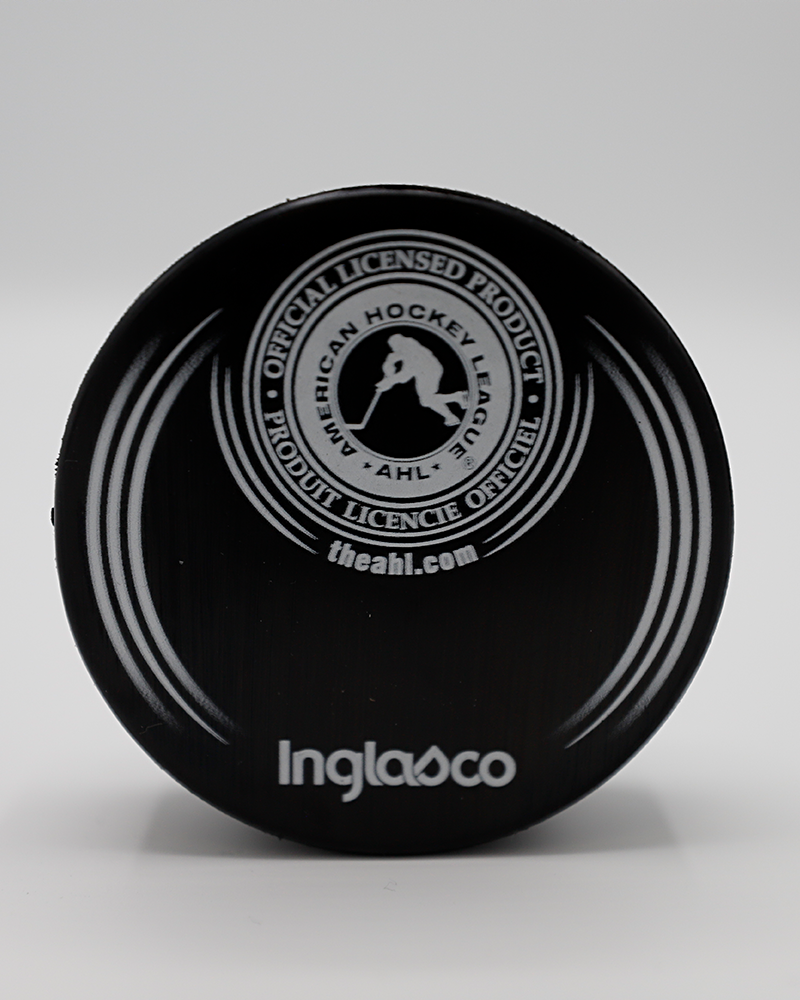 black Inglasco hockey puck with Rockford IceHogs logo on front - back lay flat
