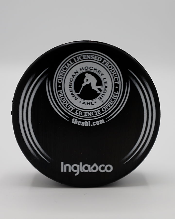 black Inglasco hockey puck with Rockford IceHogs logo on front - back lay flat