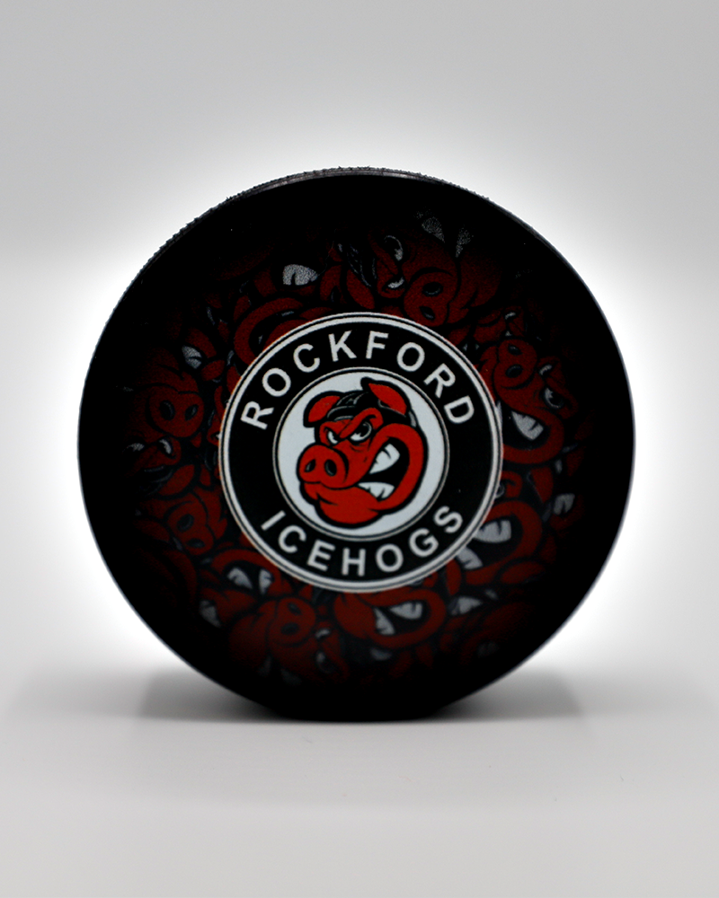 black Inglasco hockey puck with Rockford IceHogs logo on front - front lay flat
