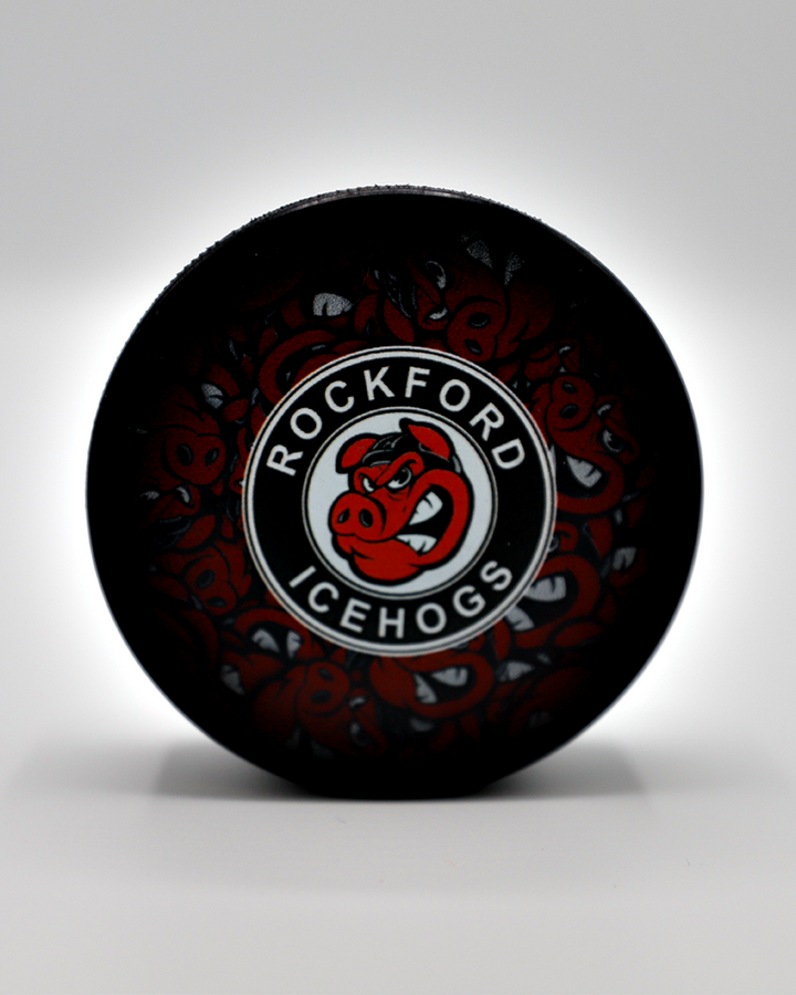 black Inglasco hockey puck with Rockford IceHogs logo on front - front lay flat