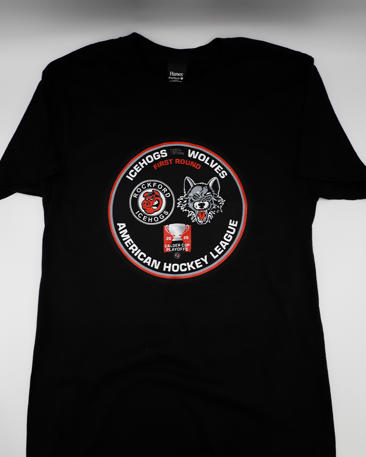 black short sleeve tee with AHL Calder Cup graphic with Rockford IceHogs and Chicago Wolves matchup - front lay flat