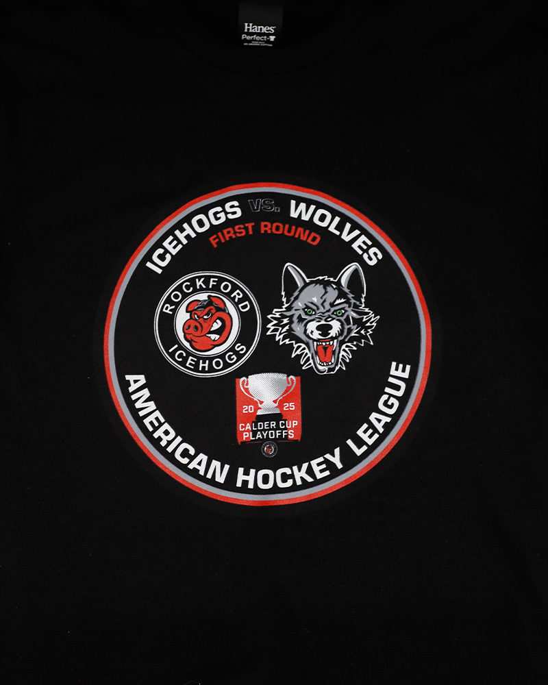 black short sleeve tee with AHL Calder Cup graphic with Rockford IceHogs and Chicago Wolves matchup - front detail lay flat