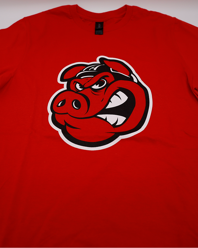 red youth short sleeve tee with Rockford IceHogs mascot Hammy on the front - front lay flat