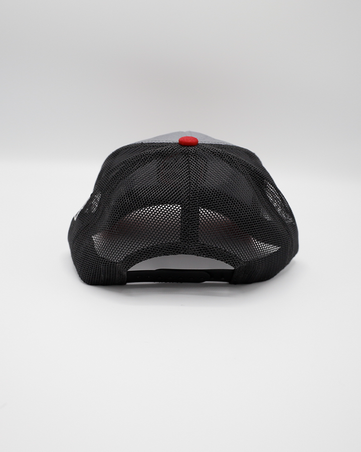 black grey and red trucker hat with Rockford IceHogs Screw City hexagon logo patch on front - back lay flat
